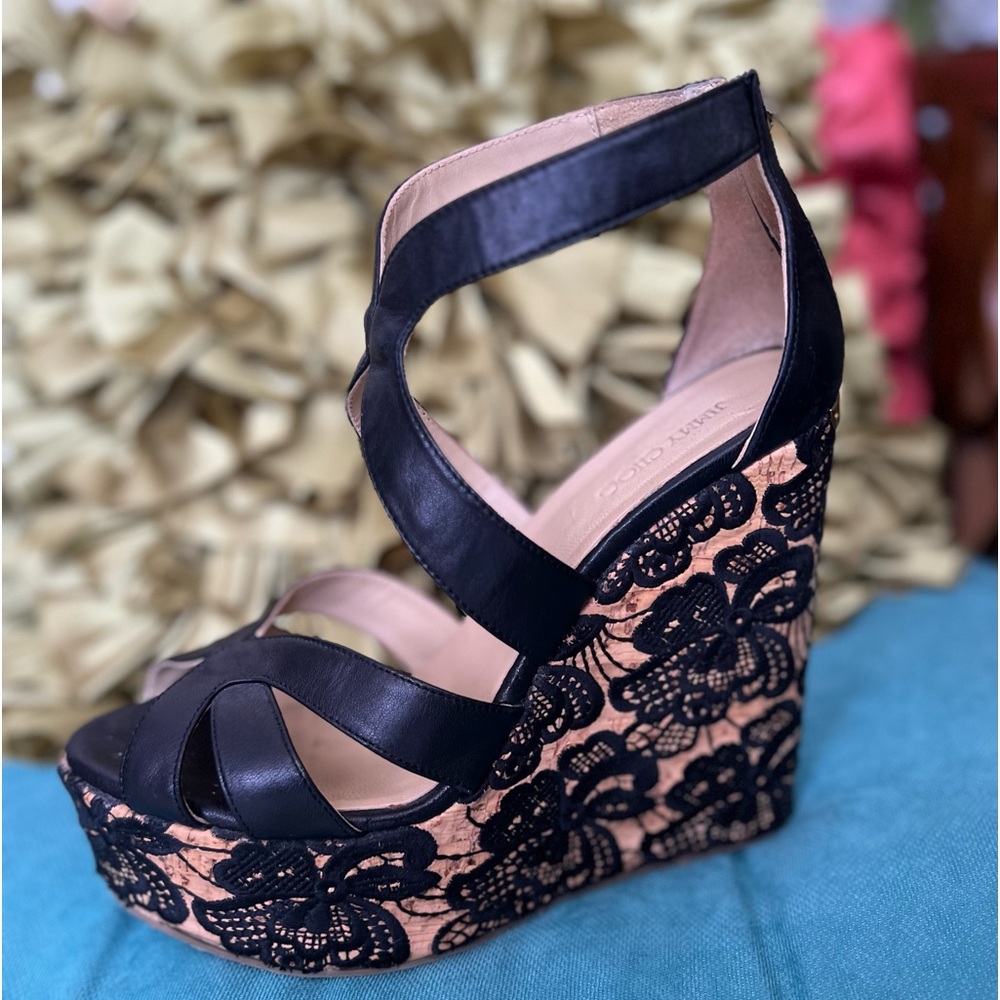 JIMMY CHOO lace wedges black leather espadrilles